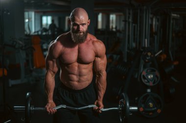 Beyaz, kel, üstsüz bir adam spor salonunda halterle egzersiz yapıyor. Ağırlıklarla bibik bukleler