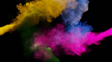 Çok renkli duman kümeleri siyah arka planda dört taraftan çarpışıyor. 3d illüstrasyon