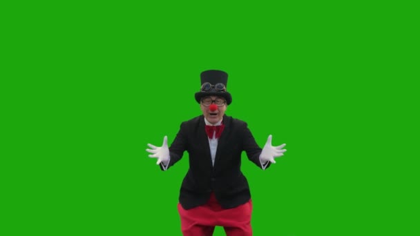 一个穿着小丑服装的老人在绿色背景下摆姿势 Chromakey — 图库视频影像