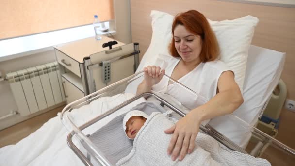 Una Giovane Madre Ammira Suo Figlio Appena Nato Nell Ospedale — Video Stock