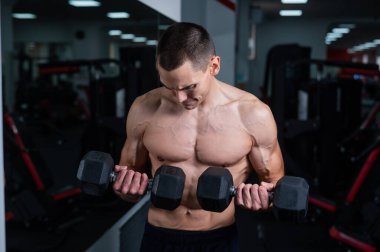 Shirtless man doing bicep exercises with dumbbells in the gym