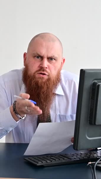 Portrait Bald Man Desk Looking Report Cursing Dissatisfied Boss Dismisses — Stock Video