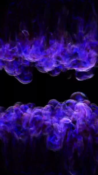 蓝色火焰的舌头从相反的侧面碰撞在中心的黑色背景 3D插图 垂直录像 — 图库视频影像