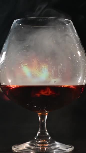 Glas Cognac Achtergrond Van Open Haard Rook Van Sigaren Verticale — Stockvideo