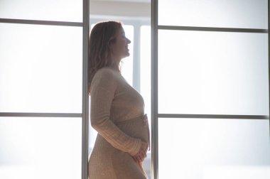 Uzun bej elbiseli hamile bir kadın katlanan kapılar arasında duruyor.