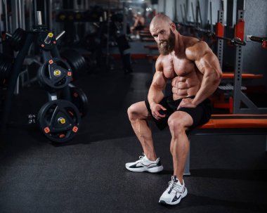 Kısa şortlu, kaslı, kel bir adam antrenmandan sonra bankta dinleniyor. Vücut geliştirici spor salonunda vücudunu gösteriyor.