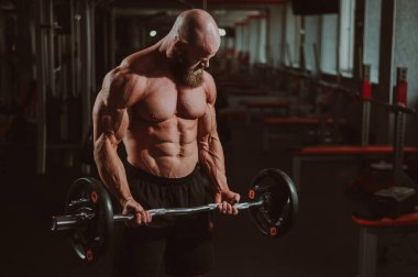 Beyaz, kel, üstsüz bir adam spor salonunda halterle egzersiz yapıyor. Ağırlıklarla bibik bukleler