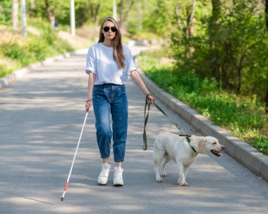 Kör kadın parkta rehber köpekle yürüyor.