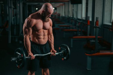 Beyaz, kel, üstsüz bir adam spor salonunda halterle egzersiz yapıyor. Ağırlıklarla bibik bukleler