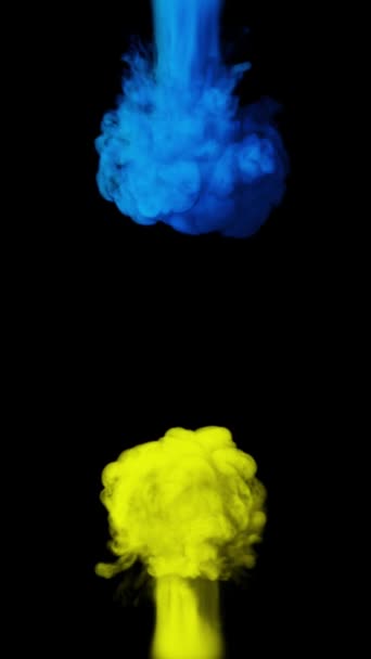 Puffs Van Gele Blauwe Rook Botsen Tegen Een Zwarte Achtergrond — Stockvideo