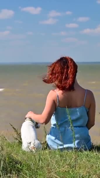 Vista Trasera Una Mujer Sentada Orilla Del Río Con Perro — Vídeos de Stock