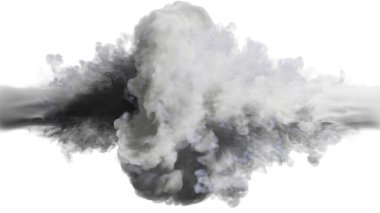 Beyaz ve gri duman bulutları beyaz arka plana çarpışıyor. 3d illüstrasyon