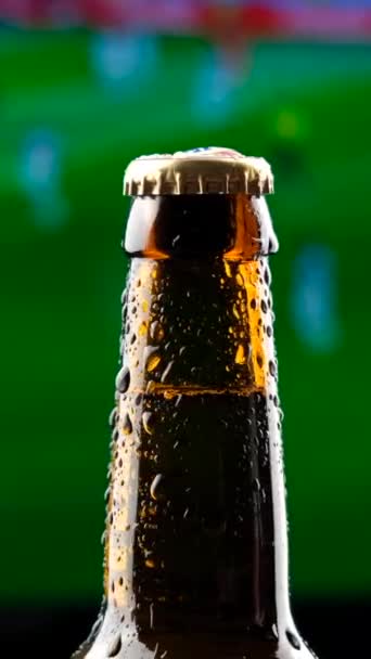 Uma Garrafa Cerveja Vidro Escuro Gira Contra Pano Fundo Jogo — Vídeo de Stock