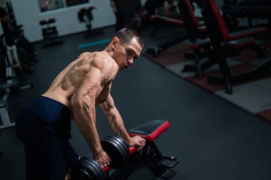 Gömleksiz bir adam spor salonunda dambıl sırasına dizer.