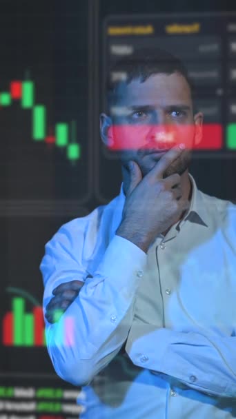 Caucasian Bearded Man Analyzes Stock Charts Virtual Screen Hud Menu — Stock Video