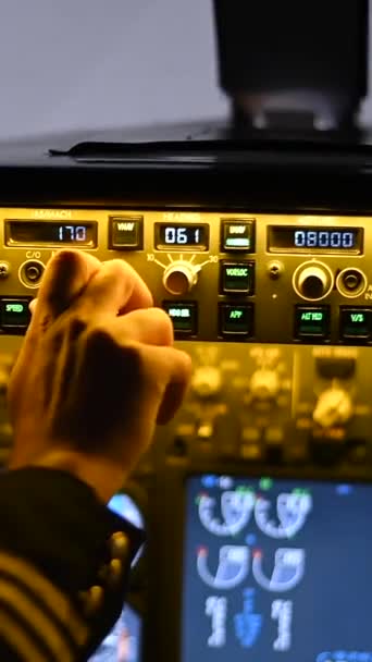 Man Studying Pilot Flight Simulator Close Male Hands Control Panel — Stock Video