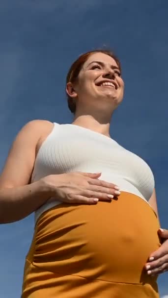 Vídeo Vertical 360 Grados Feliz Caucásico Embarazada Mujer Suavemente Tocando — Vídeos de Stock