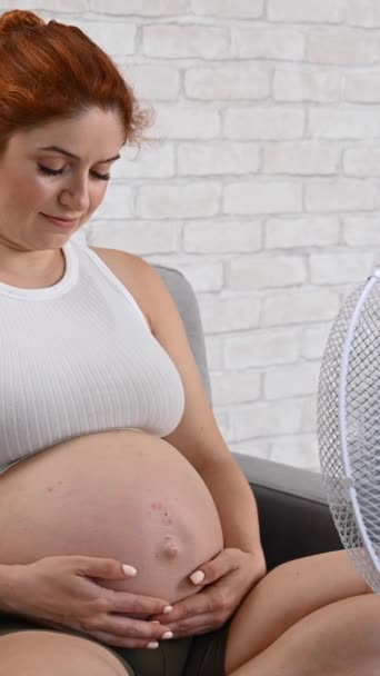 妊娠中の女性がソファに座り 腫瘍をストローし 電気ファンから涼しい空気を楽しんでいます バーティカルビデオ — ストック動画