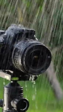 Yağmurda tripodun üzerindeki dijital bir kamera. Dikey video