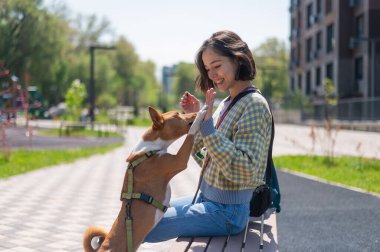 Genç ve güzel bir kadın açık havada bir köpekle bankta oturuyor. Havlamayan Afrika Basenji köpeği