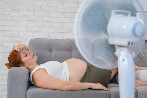 Zwangere Vrouw Lijdt Aan Hitte Ligt Bank Buurt Van Elektrische — Stockfoto