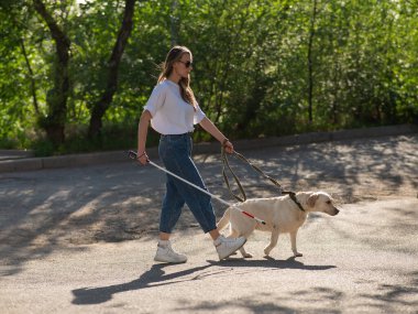 Kör kadın parkta rehber köpekle yürüyor.