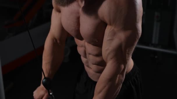 Chauve Caucasien Bodybuilder Faire Triceps Lourds Exercices Avec Câble — Video