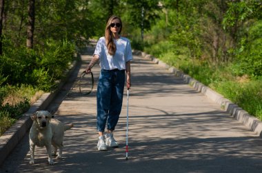 Kör kadın parkta rehber köpekle yürüyor.
