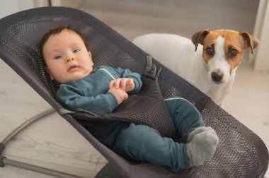 Bir köpek, bebek odasında mavi tulum giymiş üç aylık tatlı bir çocuğun yanına oturur.