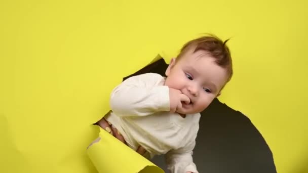 Niedliche Kaukasische Baby Ragt Aus Einem Loch Einem Papier Gelben — Stockvideo