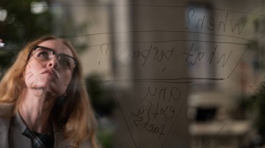 Gözlüklü beyaz kadın cam duvara formüller yazıyor.
