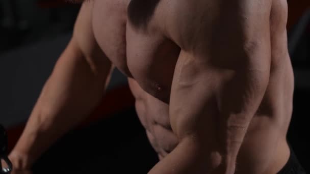 Łysy Biały Kulturysta Robi Ciężkie Triceps Ćwiczenia Kablem — Wideo stockowe