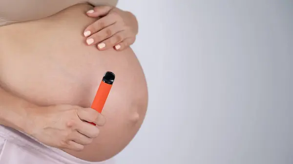 Pregnant Woman Smokes Vape Girl Holds Electronic Cigarette Background Her — Stock Photo, Image