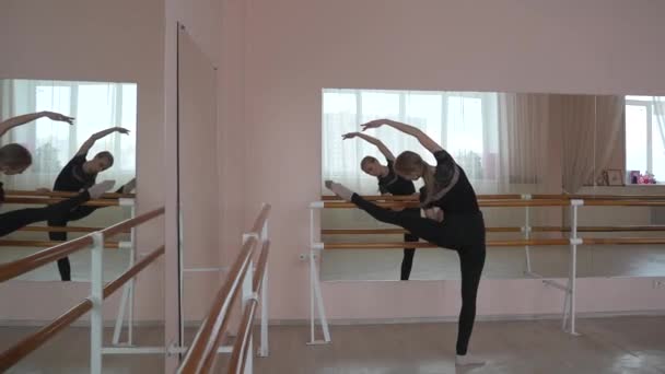 Femme Blonde Caucasienne Pratique Ballet Classe Ballerine Répétant Barre — Video
