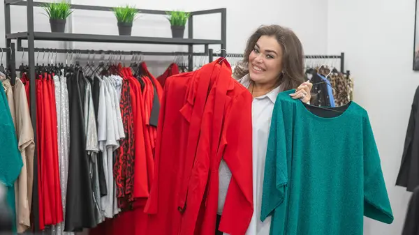 A fat woman chooses clothes by comparing them in a plus size store