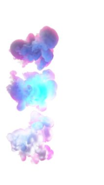 Beyaz arkaplanda mavi menekşe dumanı bulutları. Dikey video