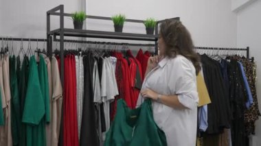 Şişman bir kadın, büyük beden bir mağazada denemek için kıyafet seçer.