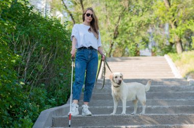 Genç kör bir kadın, parktaki merdivenlerden elinde değnek ve rehber köpekle iniyor.