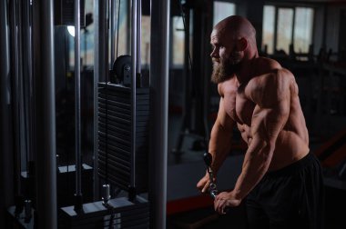 Kel Kafkas vücut geliştirici kabloyla ağır triseps egzersizleri yapıyor.