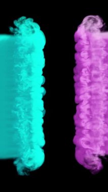 Mavi ve kıpkırmızı dumanlar siyah arka planda çarpışıyor. Dikey video