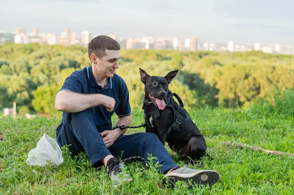 Kafkasyalı adam yeşil çimlerde pitbull teriyeriyle oturuyor.