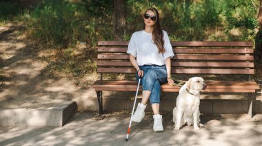 Kılavuz köpekle bankta oturan kör beyaz kadın.
