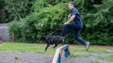 Adamın biri elinde pitbull teriyeri olan bir köpekle bariyerin üzerinden atlıyor.