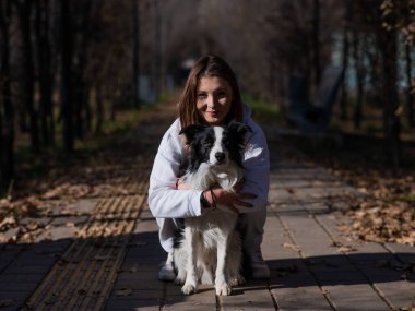 Sonbahar parkında sınır köpeğini kucaklayan beyaz bir kadın. Köpekli bir kızın portresi.