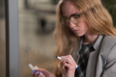 Gözlüklü beyaz kadın cam duvara İngilizce yazı yazıyor.