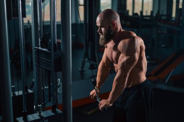 Kel Kafkas vücut geliştirici kabloyla ağır triseps egzersizleri yapıyor.