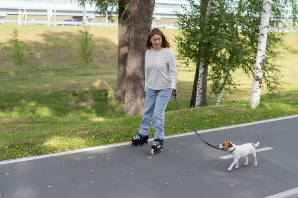 Beyaz kadın, Jack Russell Terrier köpeğiyle parkta paten kayıyor.