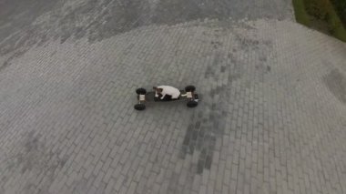 Bir Jack Russell Terrier köpeği elektrikli bir uzun tahta kullanıyor.