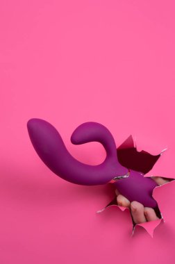 Pembe kağıttan yapılmış ahududu seks oyuncakları. Dikey fotoğraf. Boşluğu kopyala