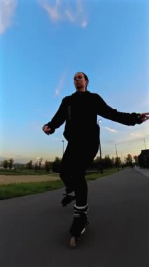 Akşamları paten kayan beyaz kadın. Slalom. Dikey video